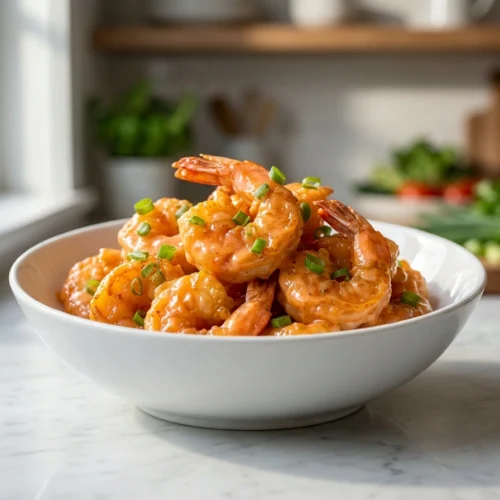 A close-up shot of crispy fried shrimp tossed in a creamy spicy sauce and garnished with scallions in a white bowl.