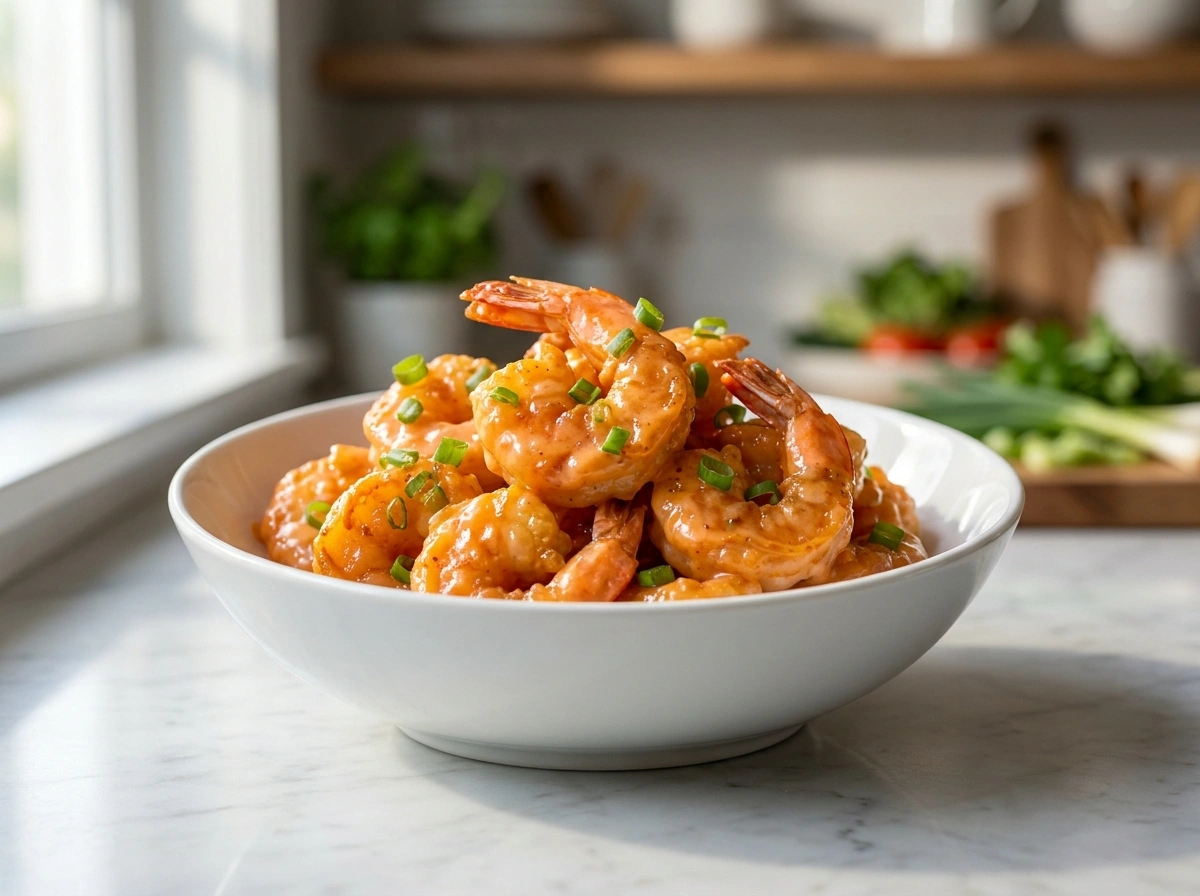 A close-up shot of crispy fried shrimp tossed in a creamy spicy sauce and garnished with scallions in a white bowl.