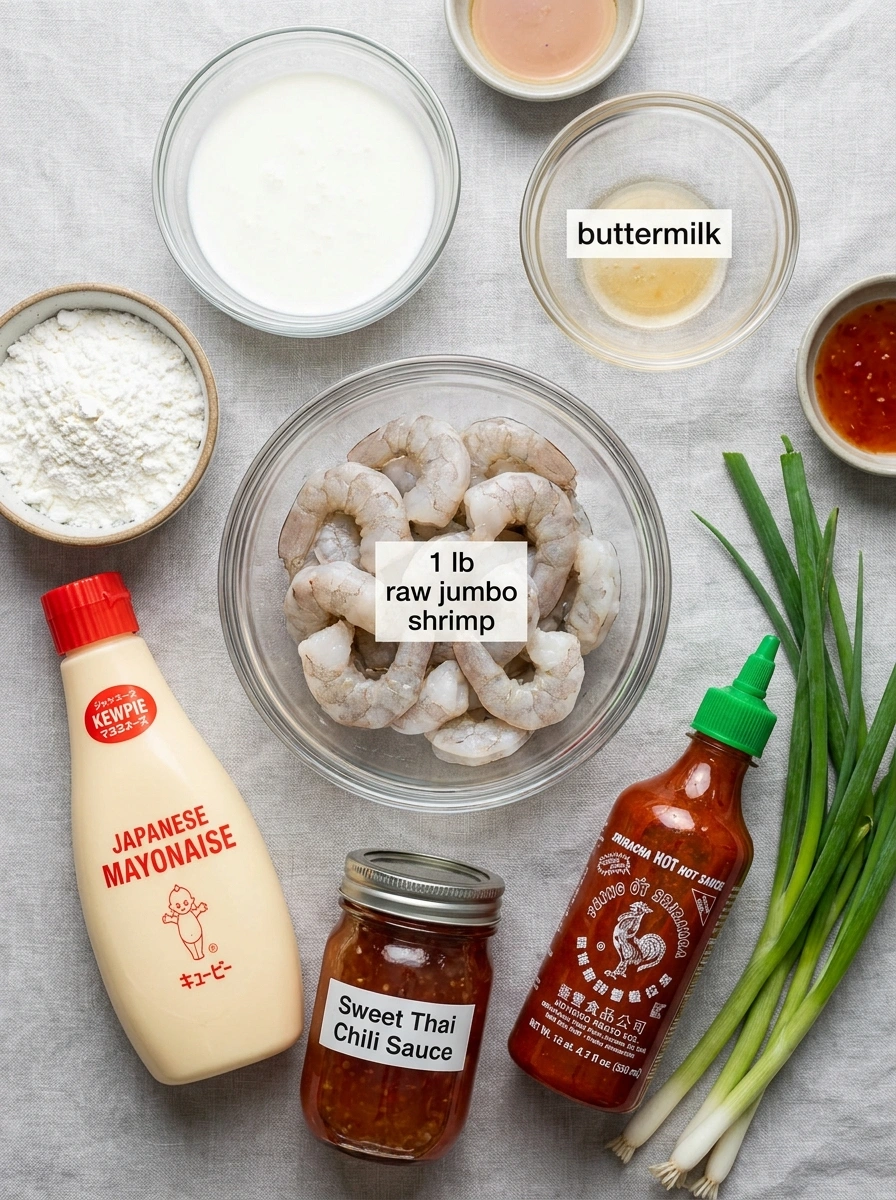 A top-down view of raw shrimp, buttermilk, cornstarch, mayonnaise, chili sauce, and scallions neatly arranged.