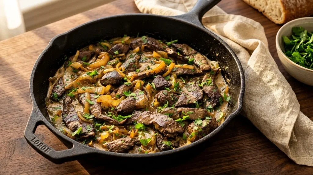 Close-up of seared beef liver topped with caramelized onions and a creamy sauce in a cast iron skillet.