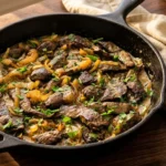 Close-up of seared beef liver topped with caramelized onions and a creamy sauce in a cast iron skillet.