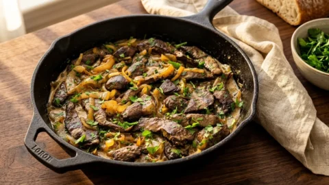 Close-up of seared beef liver topped with caramelized onions and a creamy sauce in a cast iron skillet.