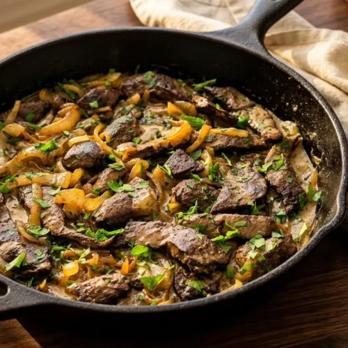Close-up of seared beef liver topped with caramelized onions and a creamy sauce in a cast iron skillet.
