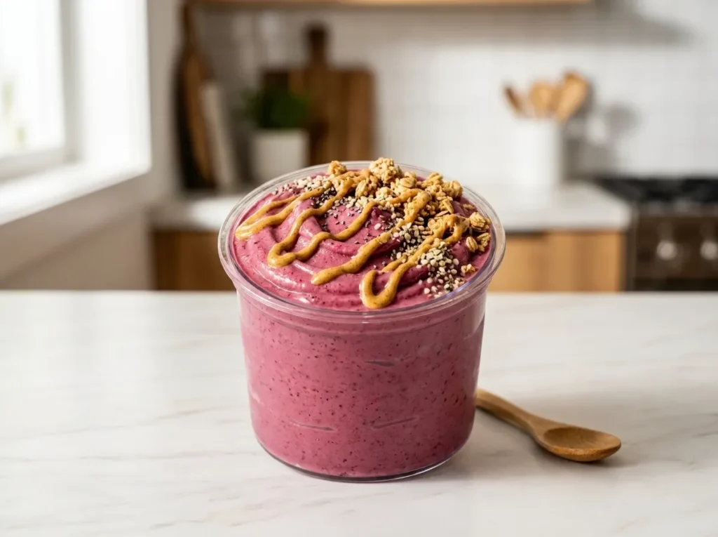 A vibrant purple smoothie bowl in a Ninja Creami pint topped with granola and nut butter drizzle.