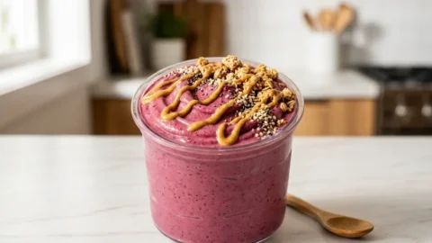 A vibrant purple smoothie bowl in a Ninja Creami pint topped with granola and nut butter drizzle.