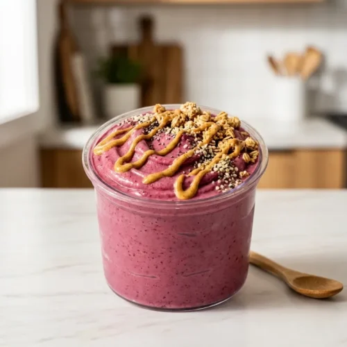 A vibrant purple smoothie bowl in a Ninja Creami pint topped with granola and nut butter drizzle.