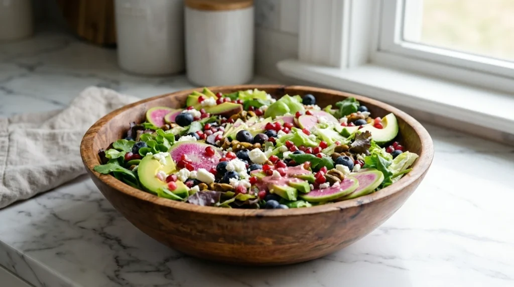 A vibrant spring salad with blueberries, pistachios, feta, and watermelon radish in a wooden bowl on marble.