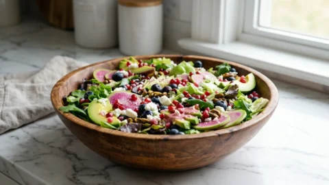 A vibrant spring salad with blueberries, pistachios, feta, and watermelon radish in a wooden bowl on marble.