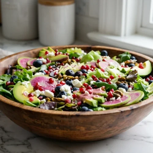 A vibrant spring salad with blueberries, pistachios, feta, and watermelon radish in a wooden bowl on marble.