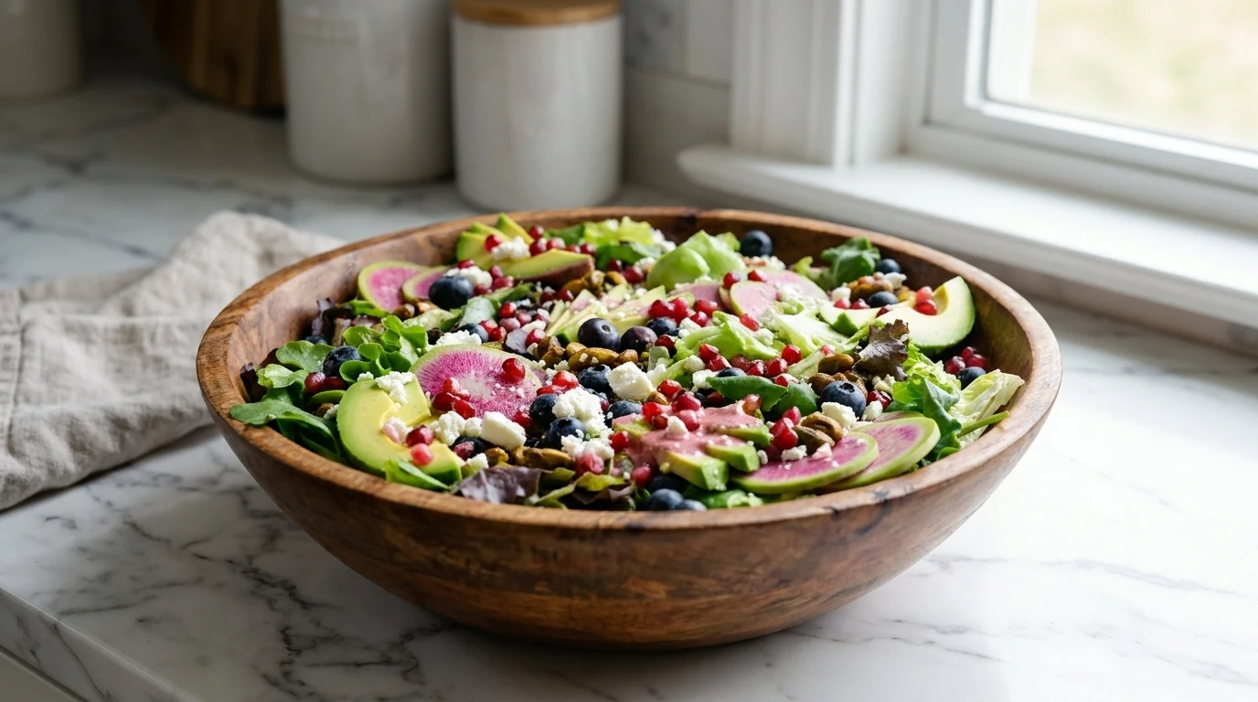 A vibrant spring salad with blueberries, pistachios, feta, and watermelon radish in a wooden bowl on marble.