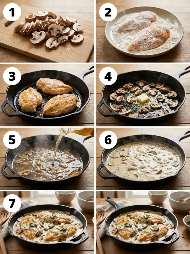A grid of 7 images showing the sequential steps of cooking creamy chicken with mushrooms, numbered 1 to 7.