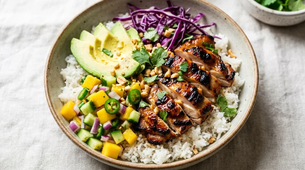 A vibrant and healthy coconut chicken rice bowl with fresh mango salsa, avocado, and grilled chicken on a bright table.