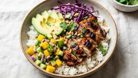 A vibrant and healthy coconut chicken rice bowl with fresh mango salsa, avocado, and grilled chicken on a bright table.