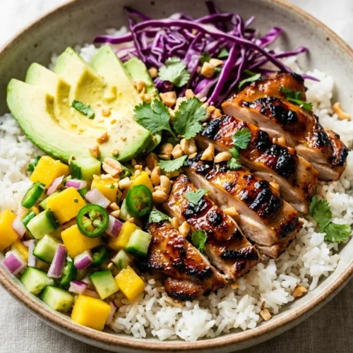 A vibrant and healthy coconut chicken rice bowl with fresh mango salsa, avocado, and grilled chicken on a bright table.