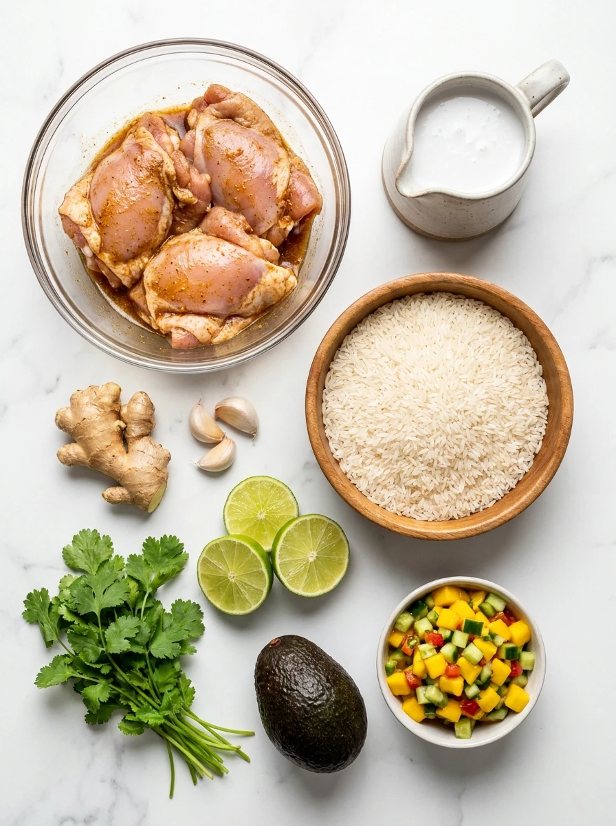 A clean flat-lay arrangement of chicken, jasmine rice, coconut milk, ginger, lime, and fresh vegetables on marble.