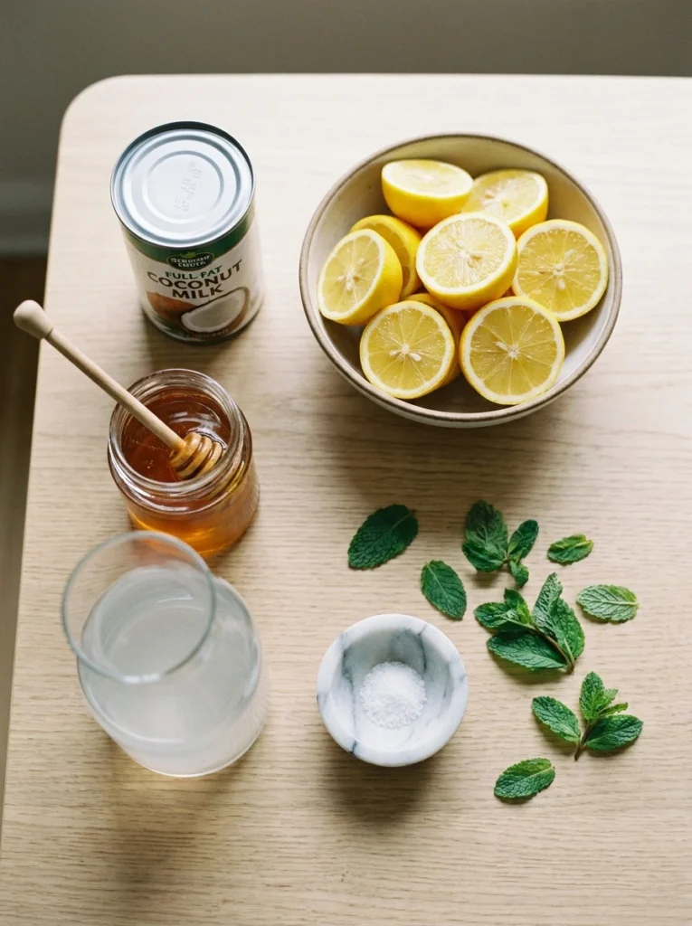 Flat-lay arrangement of coconut milk, Meyer lemons, honey, coconut water, salt, and mint leaves.