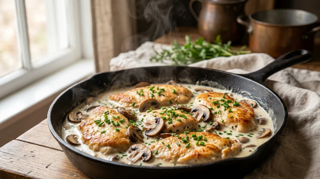 A close-up of golden pan-fried chicken breasts in a creamy mushroom sauce served in a dark skillet.