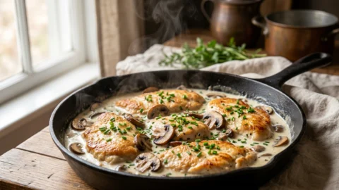 A close-up of golden pan-fried chicken breasts in a creamy mushroom sauce served in a dark skillet.