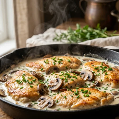 A close-up of golden pan-fried chicken breasts in a creamy mushroom sauce served in a dark skillet.