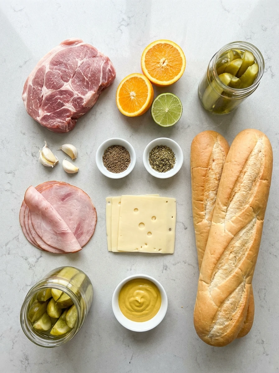 Top-down view of pork, citrus, spices, ham, cheese, pickles, mustard, and bread for a Cuban sandwich.