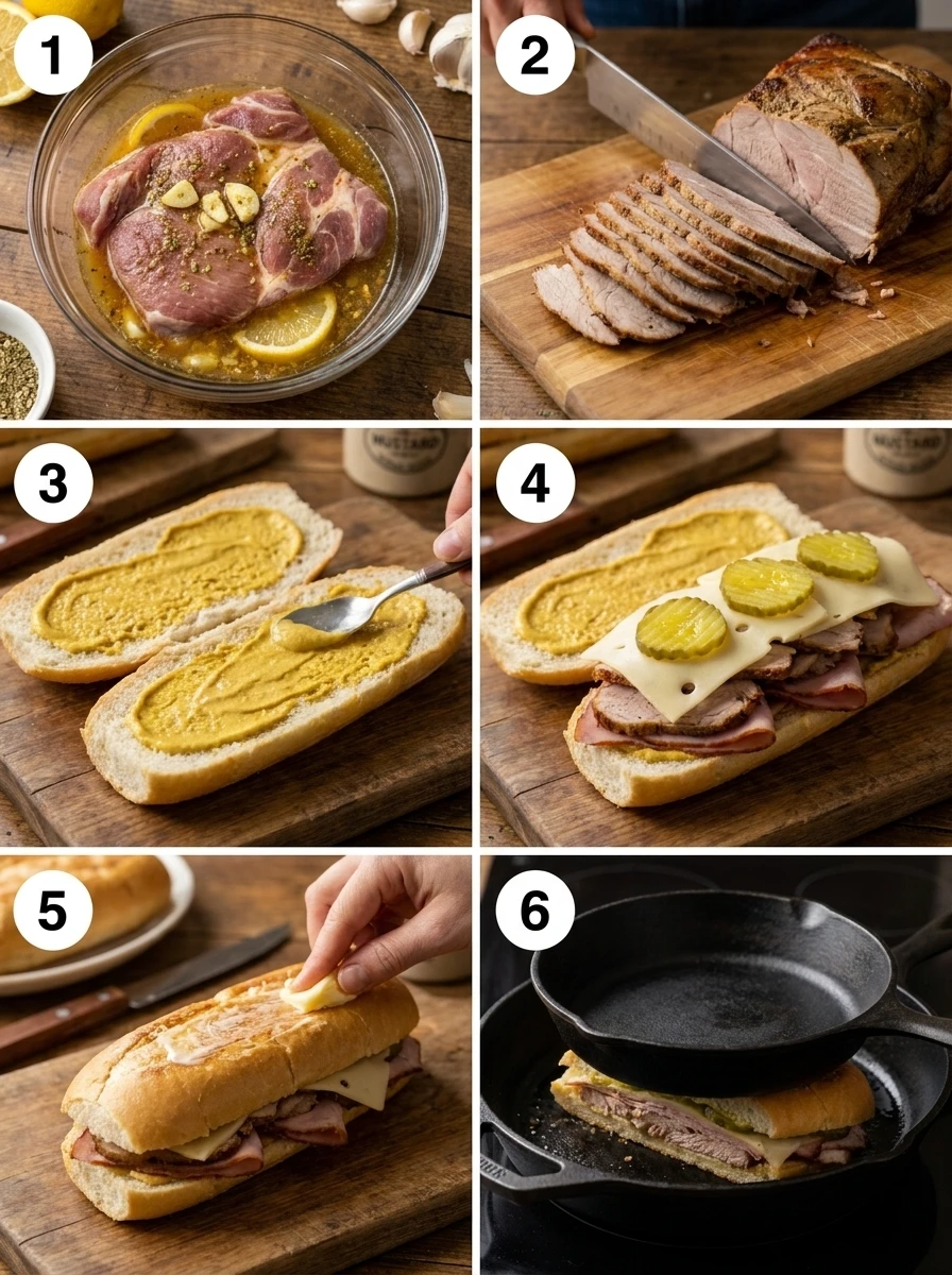 A six-panel collage showing the process of making a Cuban sandwich from marinating to pressing.