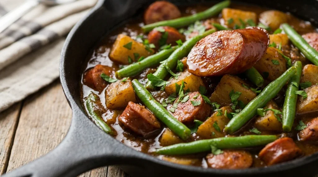 Close-up of swamp potatoes recipe with green beans and smoked sausage