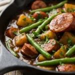 Close-up of swamp potatoes recipe with green beans and smoked sausage