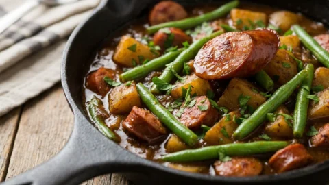 Close-up of swamp potatoes recipe with green beans and smoked sausage