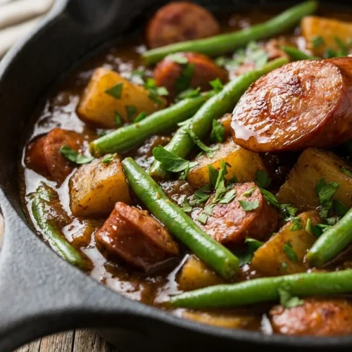 Close-up of swamp potatoes recipe with green beans and smoked sausage