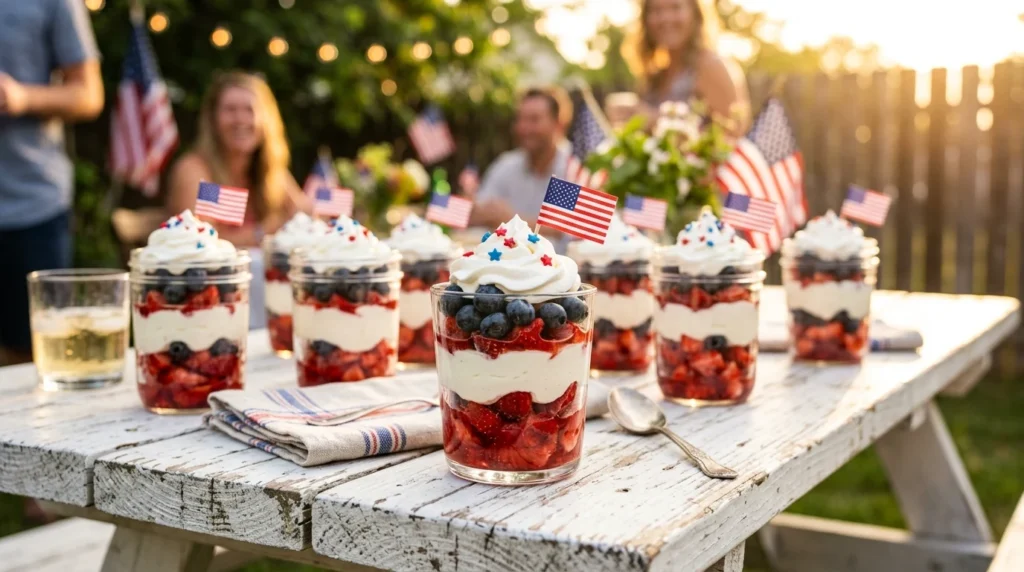 Cheesecake ,Three clear glass cups filled with layers of red strawberries, white cream, and blue blueberries on a white table.