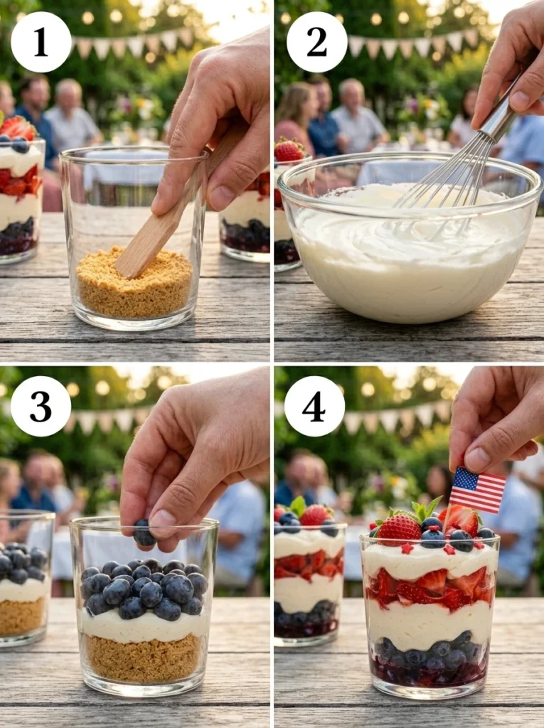 A four-panel collage showing the process of making patriotic dessert cups from crust to garnish.