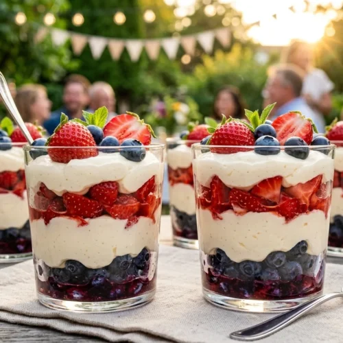 No Bake Patriotic Cheesecake Cups Three clear glass cups filled with layers of red strawberries, white cream, and blue blueberries on a white table.