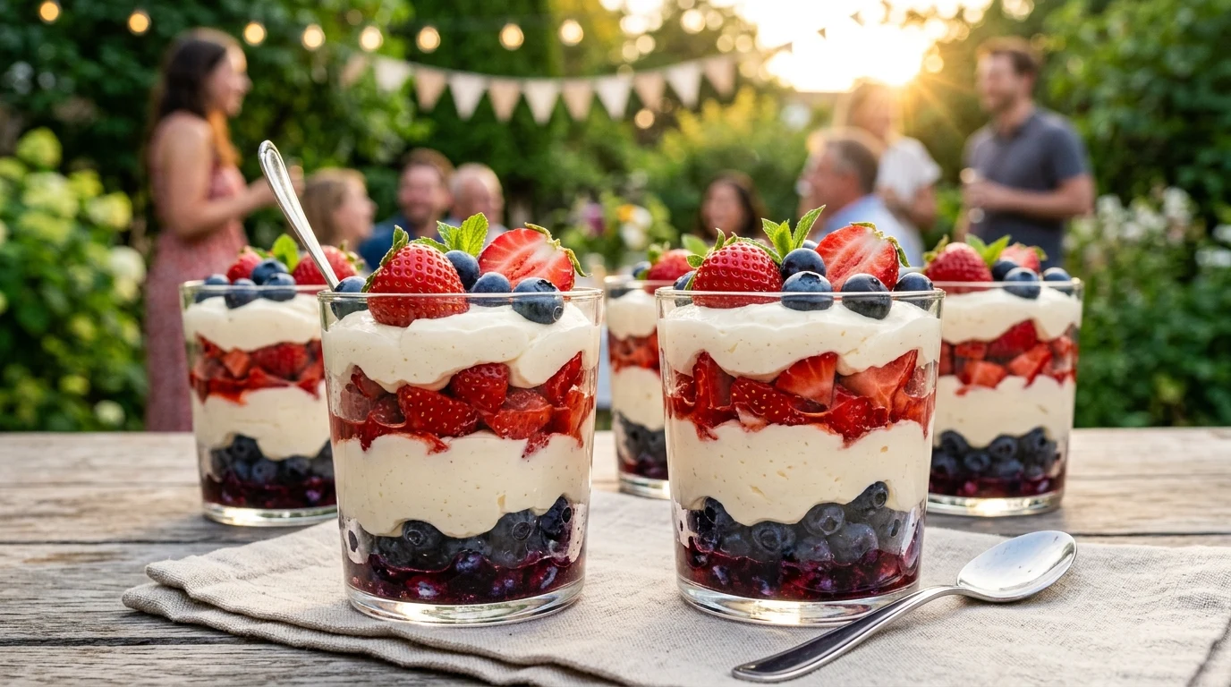 No Bake Patriotic Cheesecake Cups Three clear glass cups filled with layers of red strawberries, white cream, and blue blueberries on a white table.