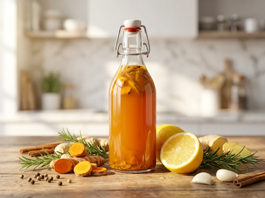 A clear glass bottle of golden fire cider surrounded by fresh ginger, turmeric, and citrus on a wooden table.