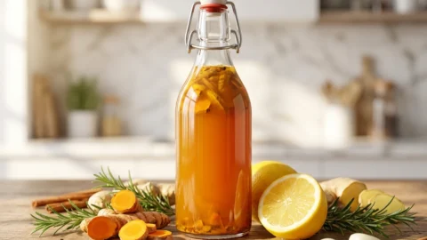 A clear glass bottle of golden fire cider surrounded by fresh ginger, turmeric, and citrus on a wooden table.