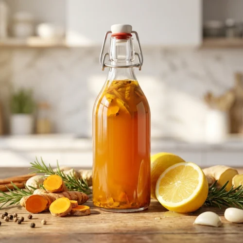 A clear glass bottle of golden fire cider surrounded by fresh ginger, turmeric, and citrus on a wooden table.
