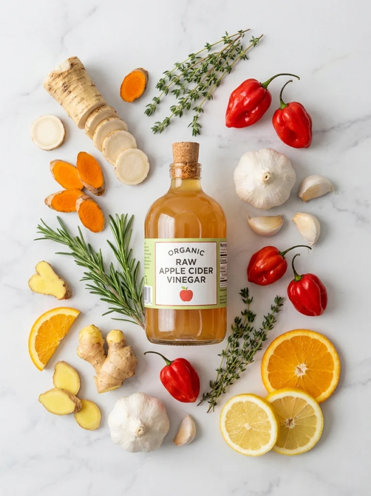 Top-down view of fire cider ingredients including apple cider vinegar, citrus, peppers, and various medicinal roots.