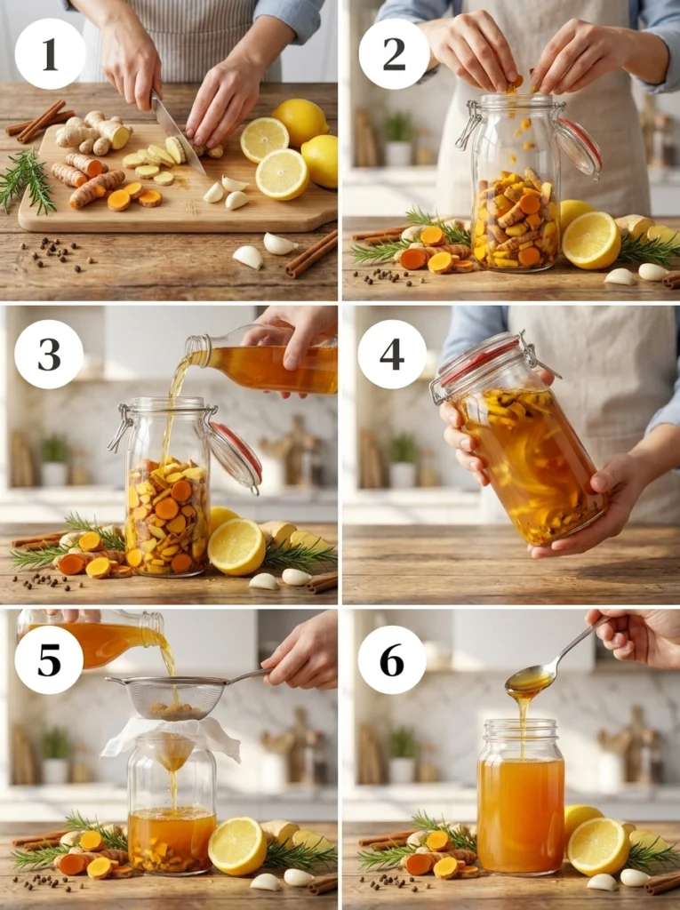 A six-step visual guide showing the process of making fire cider from chopping ingredients to final sweetening.