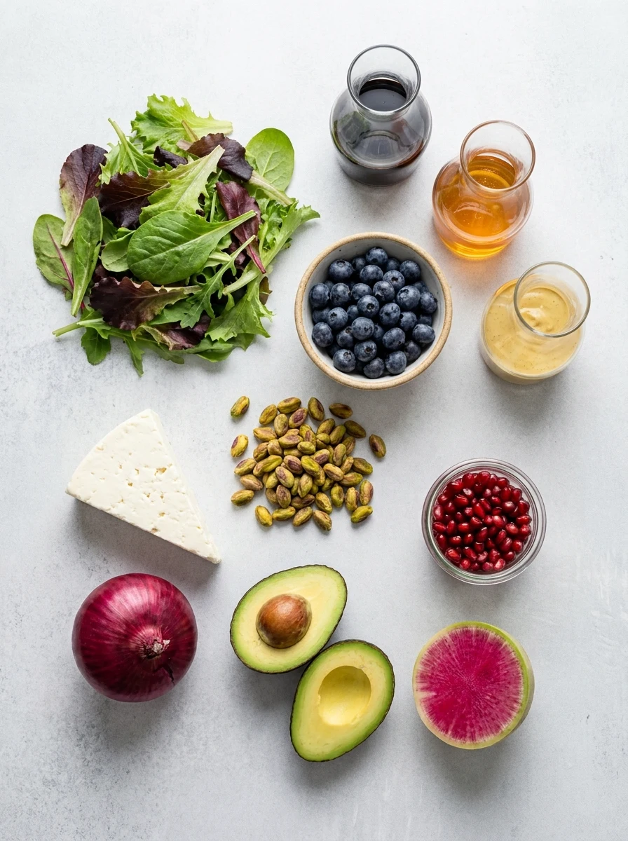 A flat-lay arrangement of blueberries, Blueberry Pistachio Spring Salad spinach, pistachios, feta, radish, and dressing components.