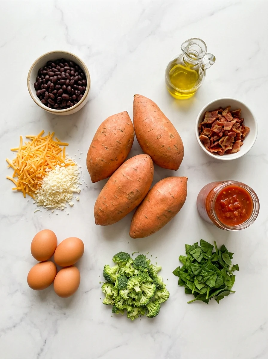 An overhead view of raw sweet potatoes, black beans, shredded cheese, eggs, bacon bits, and chopped greens arranged neatly on a marble surface.