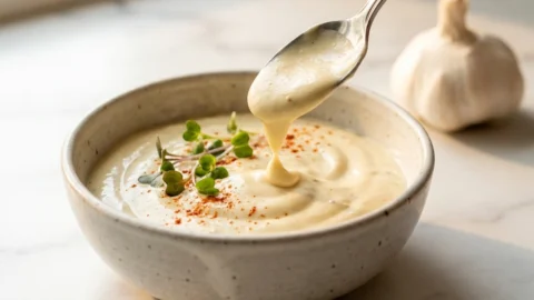 A close-up shot of creamy garlic aioli in a white bowl with a silver spoon and fresh garnishes on a marble surface.
