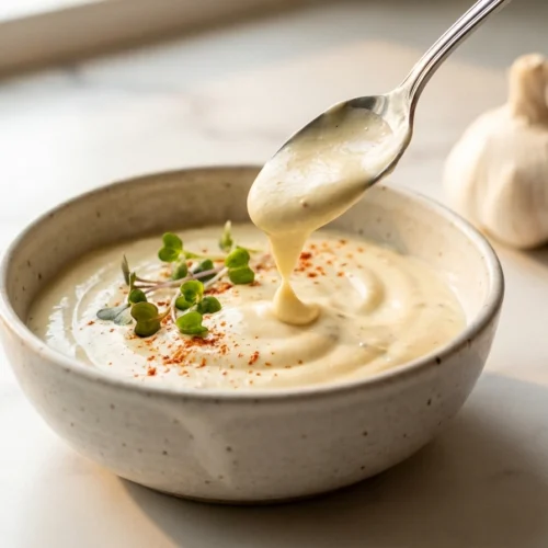 A close-up shot of creamy garlic aioli in a white bowl with a silver spoon and fresh garnishes on a marble surface.