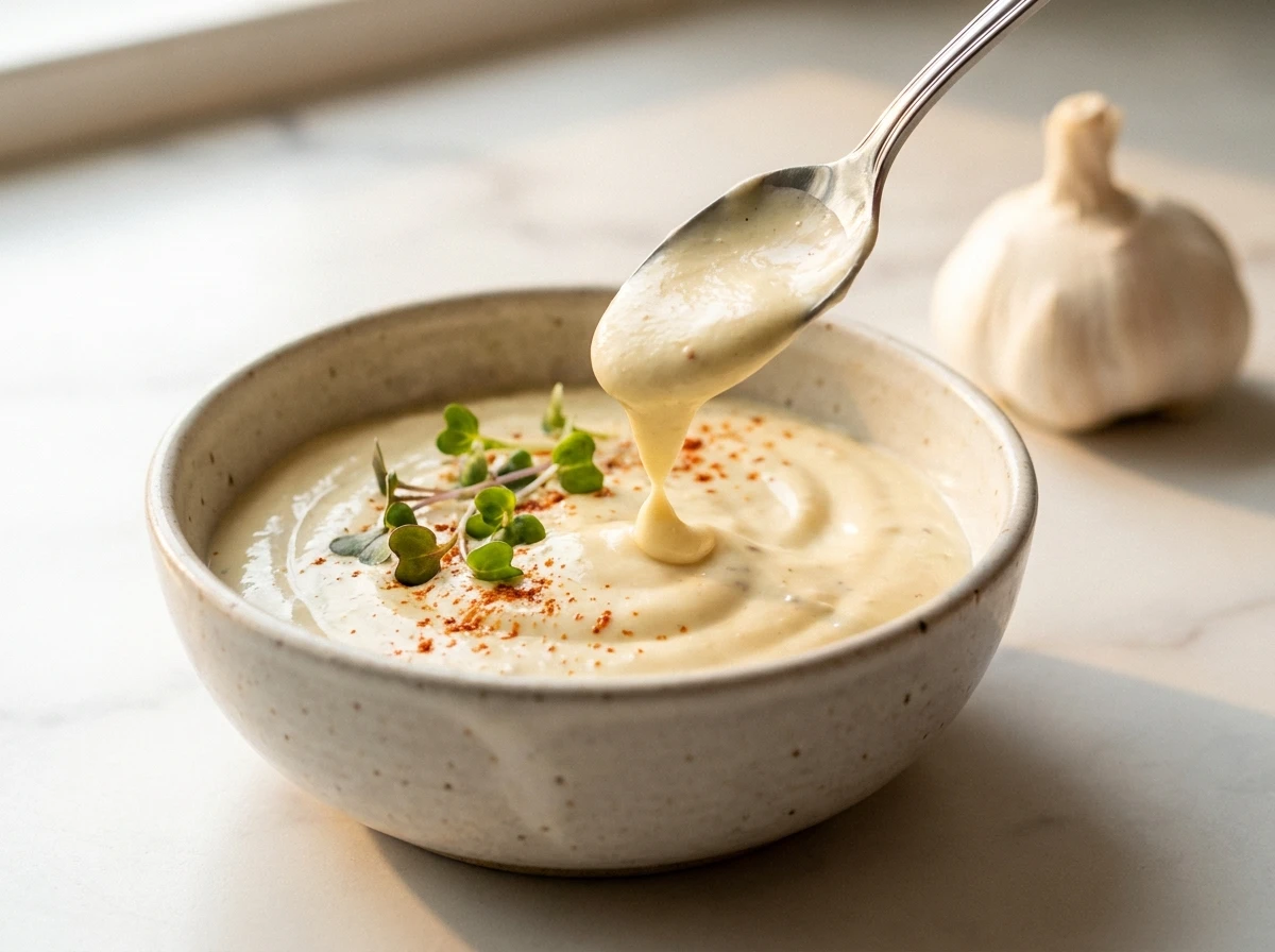 A close-up shot of creamy garlic aioli in a white bowl with a silver spoon and fresh garnishes on a marble surface.