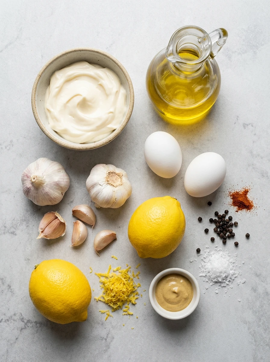 An organized overhead view of fresh ingredients including garlic, lemon, oil, and spices for making homemade aioli.