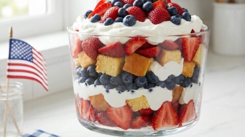 A tall glass trifle dish showing patriotic layers of red strawberries, white cream, and blue blueberries.Dessert