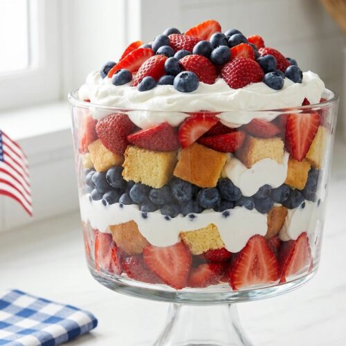 A tall glass trifle dish showing patriotic layers of red strawberries, white cream, and blue blueberries.Dessert