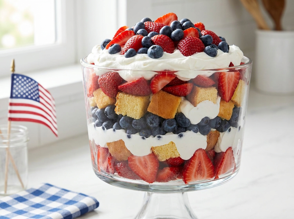 A tall glass trifle dish showing patriotic layers of red strawberries, white cream, and blue blueberries.Dessert