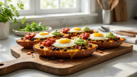 Two golden-brown sweet potato boats topped with melted cheese, black beans, bacon, a cooked egg, salsa, and avocado crema on a wooden board.