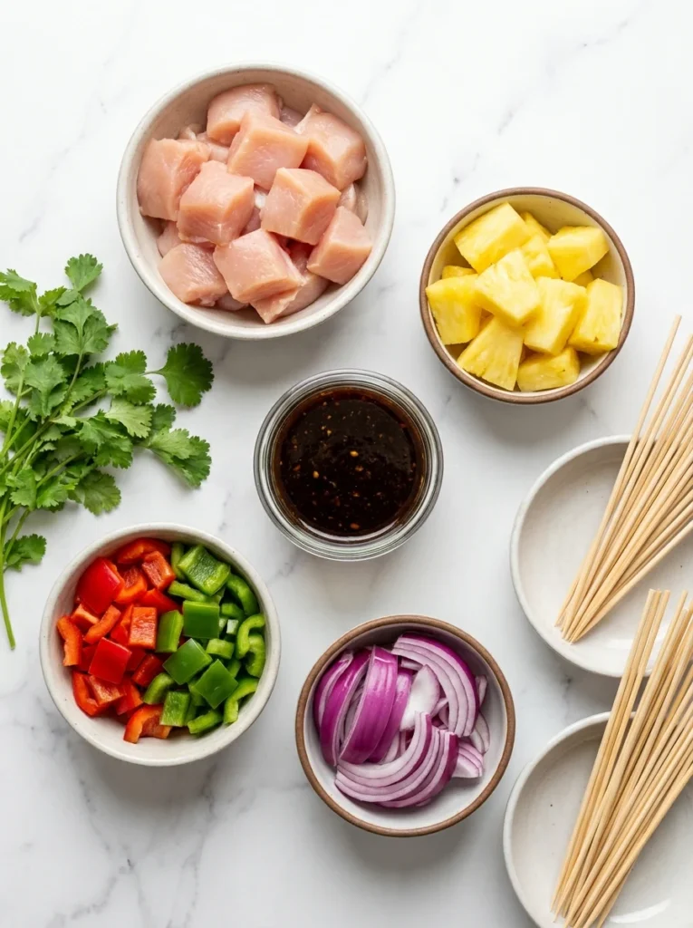 Hawaiian chicken kabobs Overhead view of prepped chicken, pineapple, peppers, onions, and marinade sauce in bowls on a marble surface.