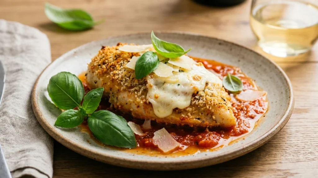 Close-up of a perfectly baked healthy chicken parmesan recipe garnished with fresh basil leaves and parmesan cheese